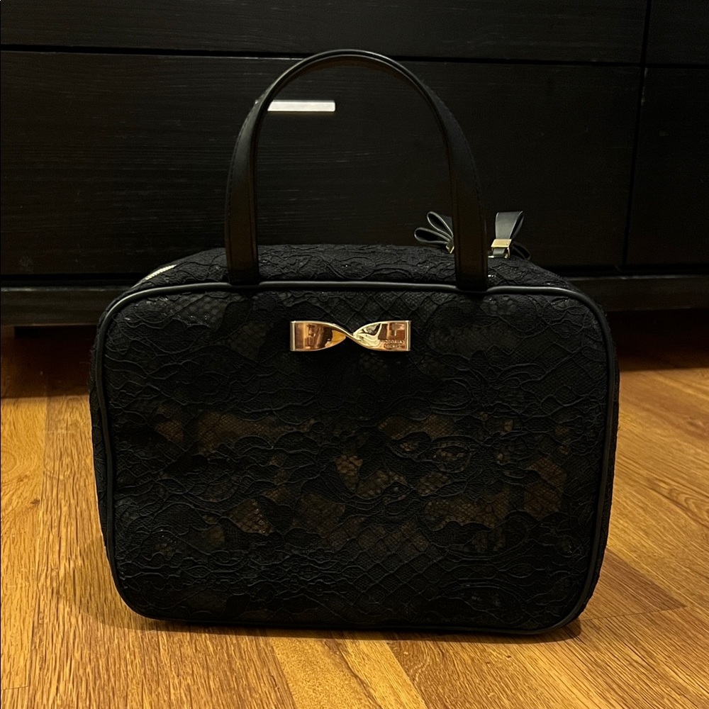 Victoria's Secret Black Lace Cosmetic Bag with Gold Accent